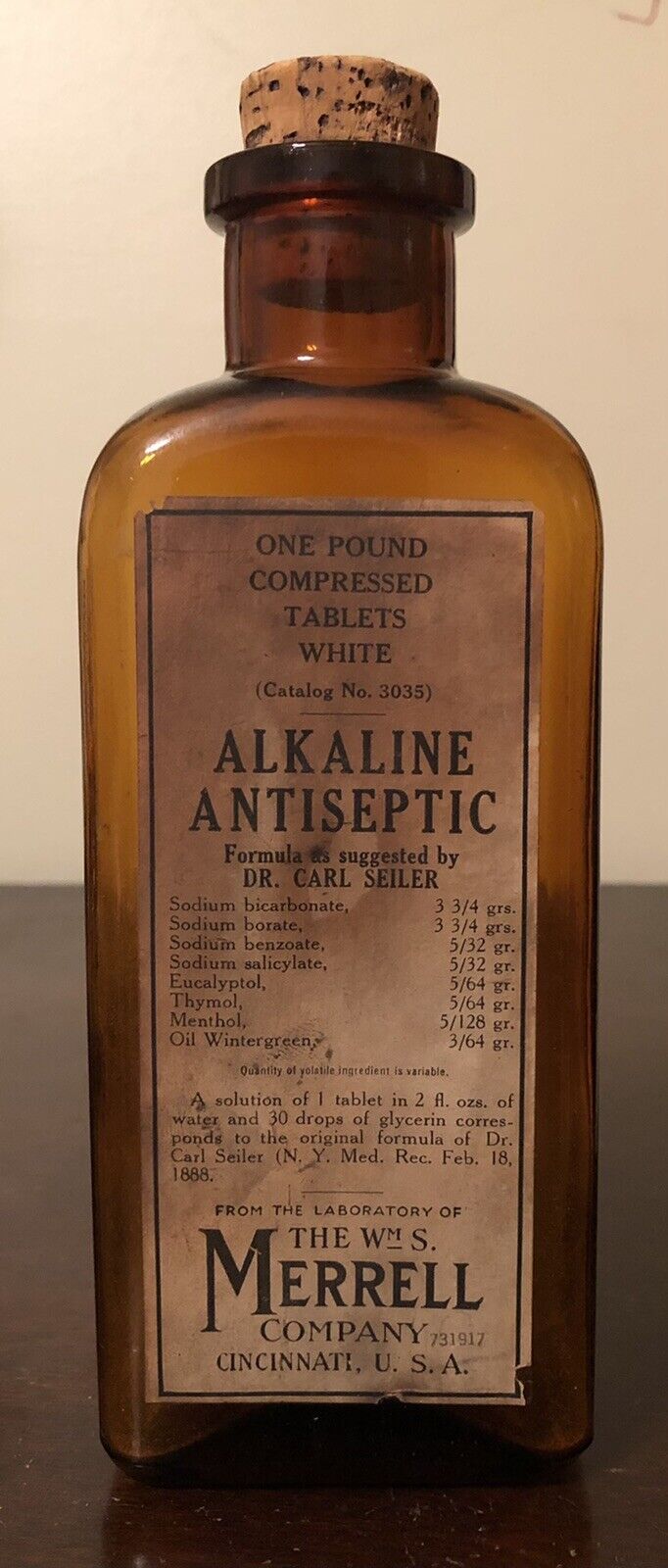 Vintage Merrell Company Paper Label Amber Medicine Bottle - Cincinnati, Ohio OH