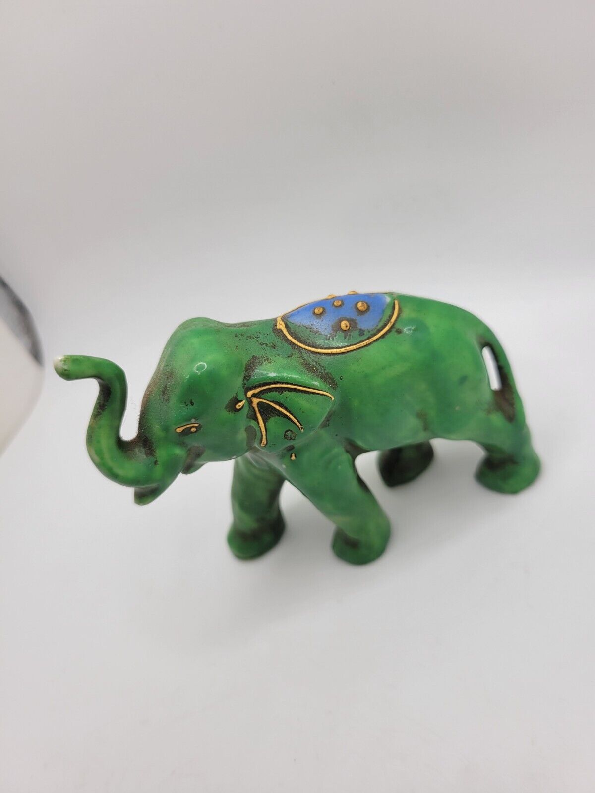 Antique Elephant Figurine Japan Porcelain Green Indian Elephant From Japan