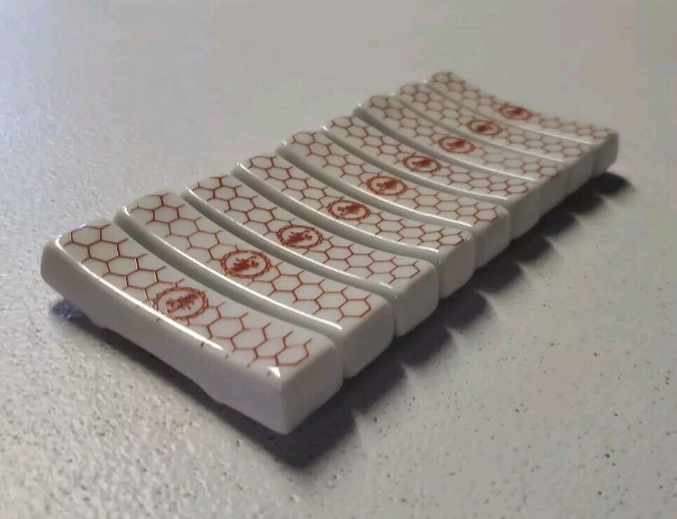 Set Of 9 Porcelain Asian Stamp Red Chopsticks Utensil Holders Rests Vintage
