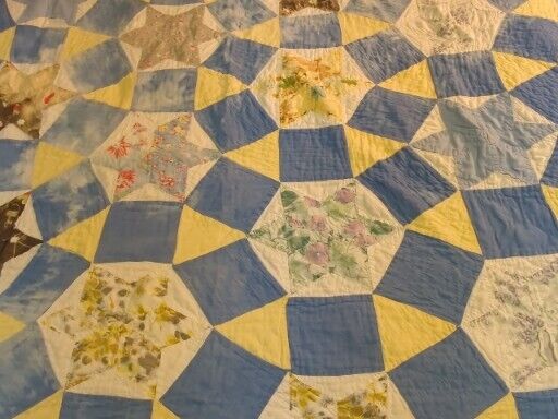 Vintage Antique Handmade Quilt Patchwork Stitched Star Blue Farmhouse 67x80 Read
