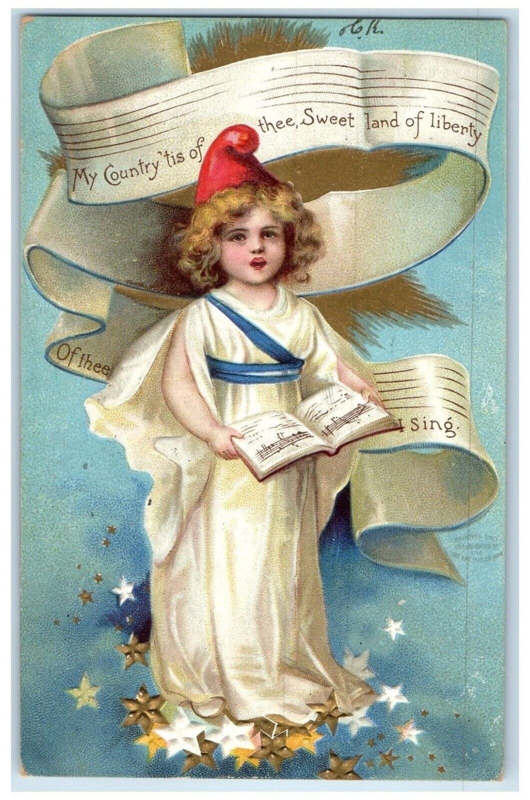 1909 Little Girl Choir Red Hat Star Clapsaddle Embossed Toledo Ohio OH Postcard