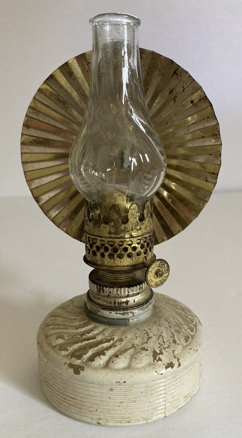 Vintage 1940s-1950s Miniature Glass Oil Lamp w/ Ribbed Swirl & Reflector
