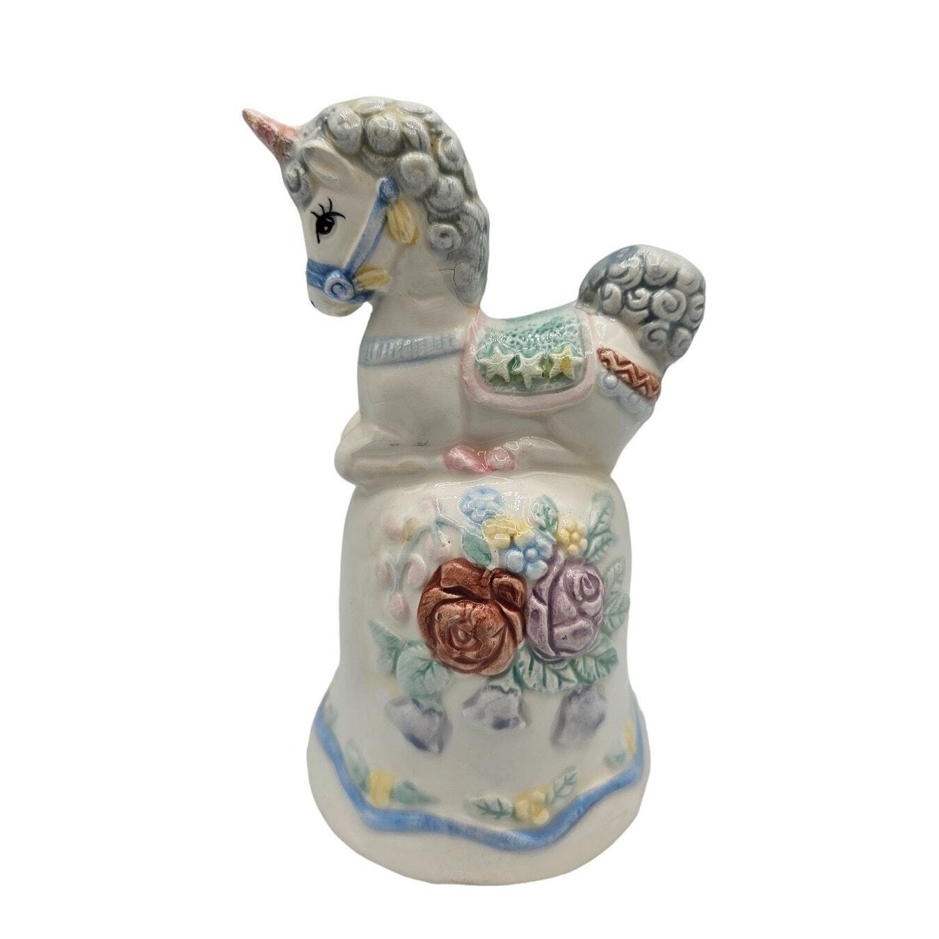 Vintage 1990s Hand Painted Ceramic Unicorn Bell Light Colors Floral