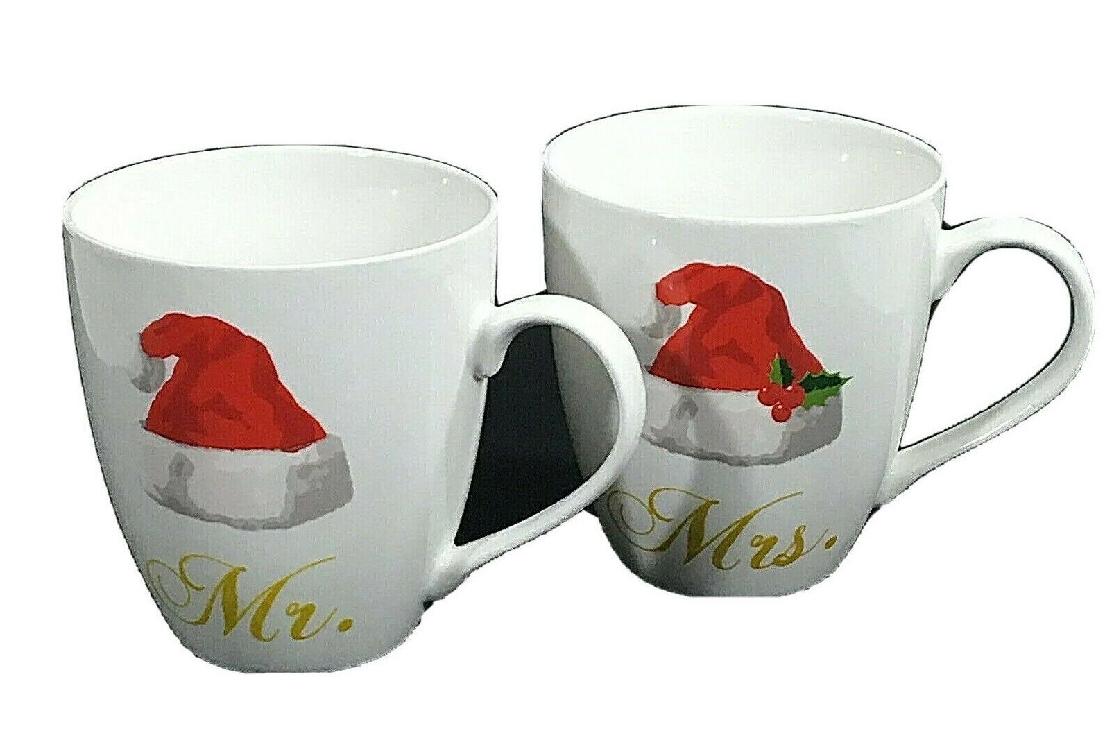 Pfaltzgraff Christmas mugs Mr and Mrs white with red Santa hats coffee cups 16oz