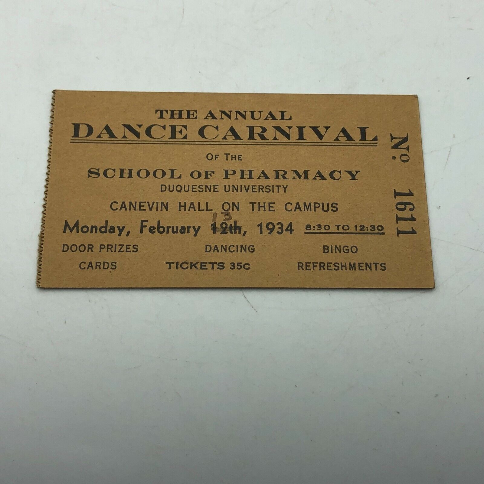 Dance Carnival Ticket Duquesne University School Of Pharmacy Vintage 1934