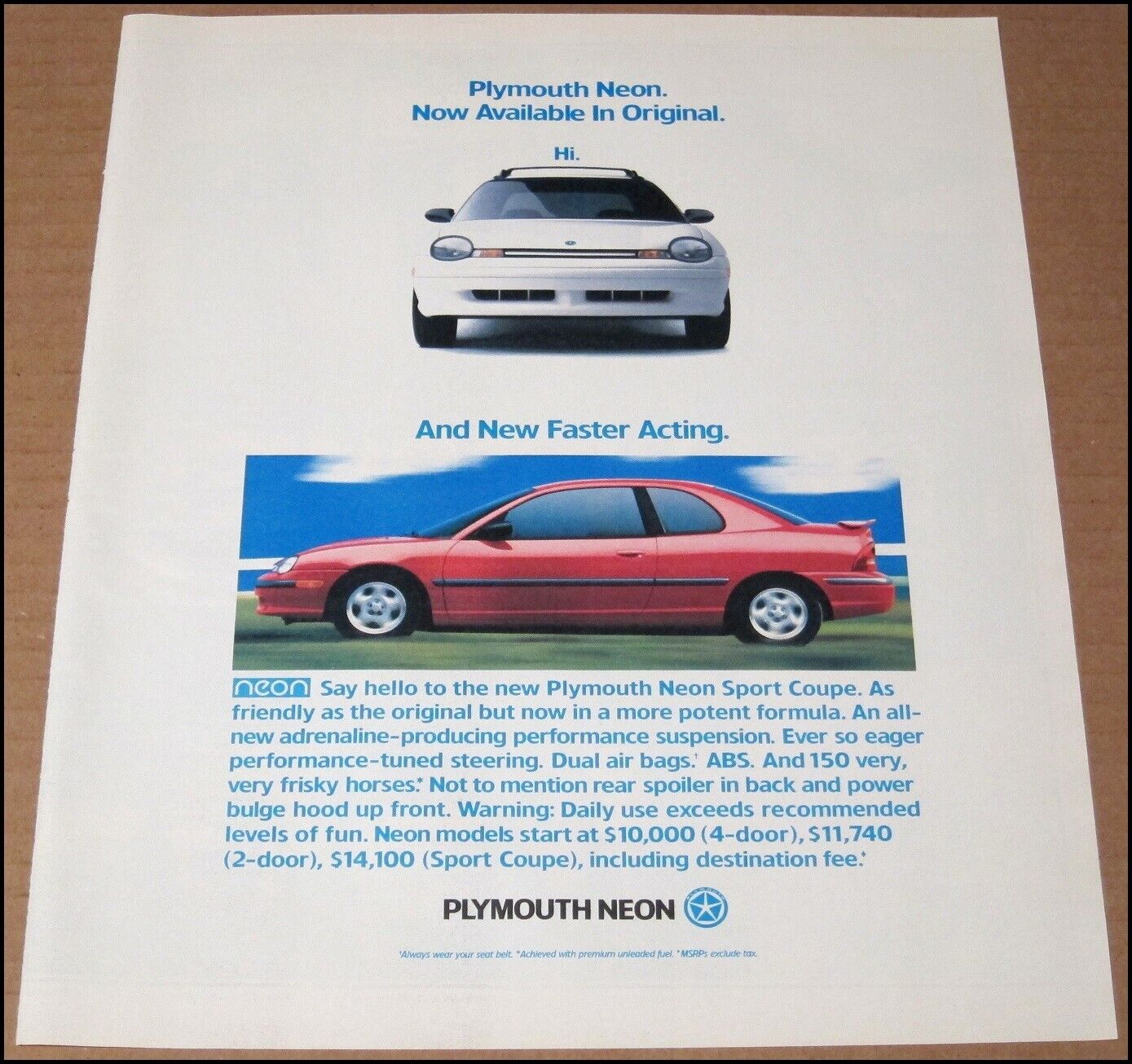 1995 Plymouth Neon Print Ad Car Automobile Auto Advertisement Vintage 10\