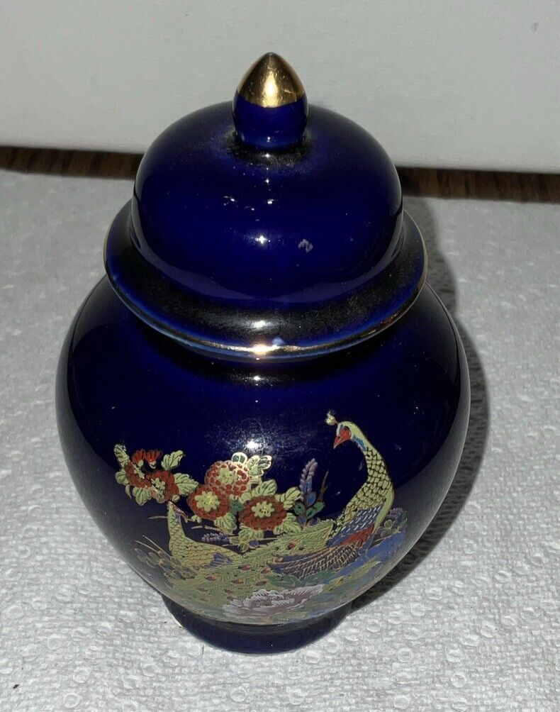 Vintage Mini Porcelain Ginger Jar Asahi Japan Peacocks & Chrysanthemums 4.75\