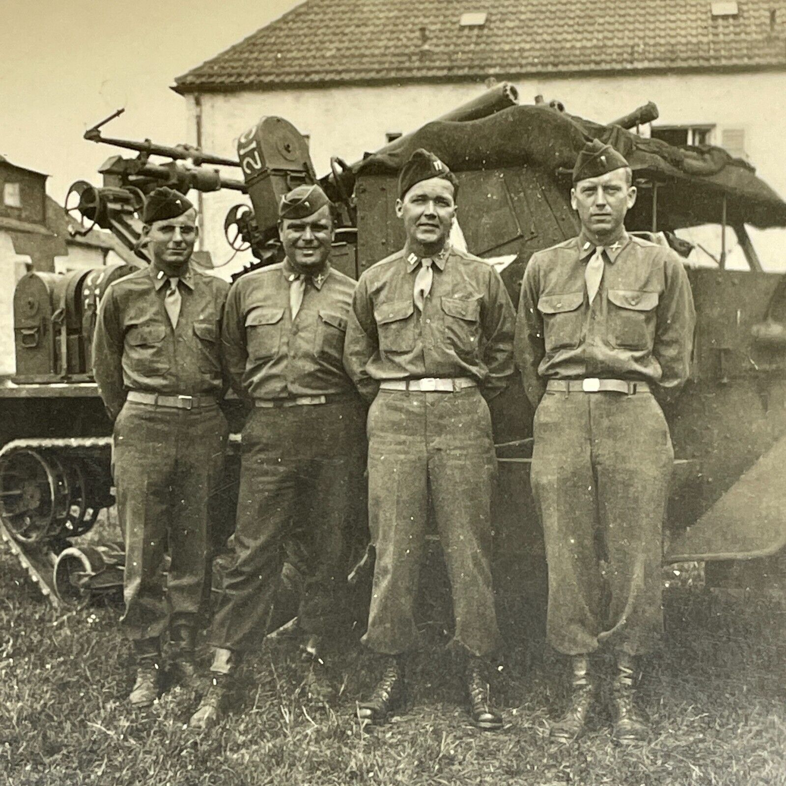 Z2 Photograph 1940's Handsome Group Military Men Posing With Old Tank Europe