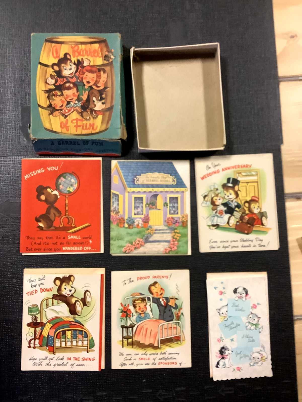 Original Box of 6 VINTAGE Greeting Cards 1940s 50s  Adorable Barrell of Fun
