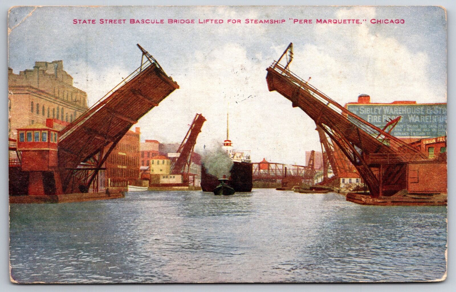 Chicago IL~State Street Bridge & Steamship Pere Marquette~PM 1909~Vintage PC