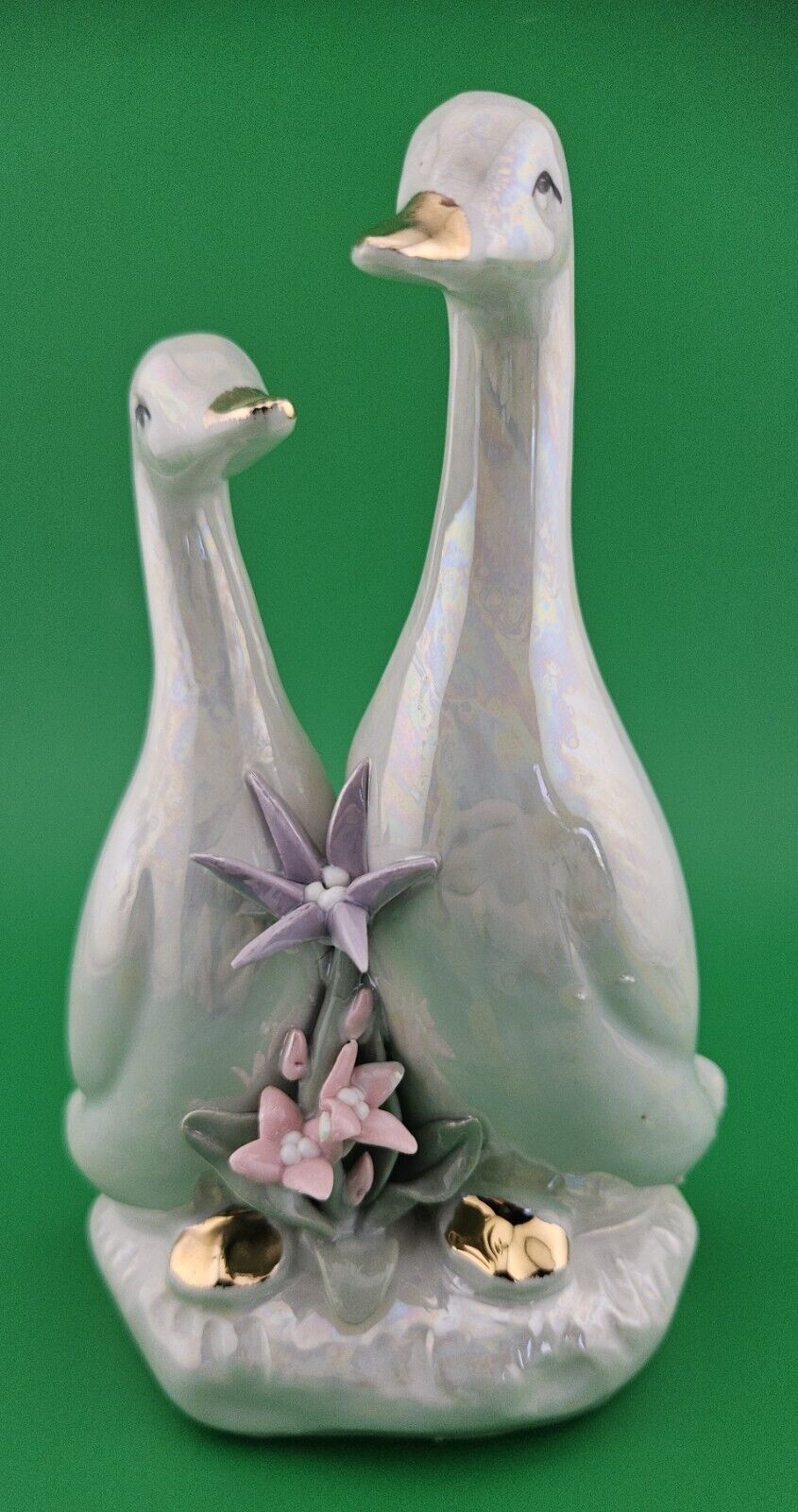 Vintage Two Ceramic Geese with Colorful Flowers/Figurines