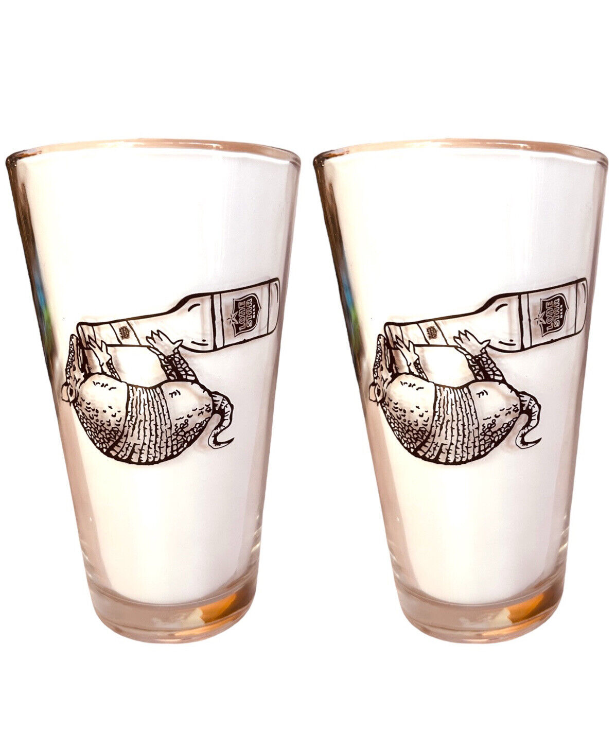 Lone Star Beer - Set Of 2 - 16 oz Pint Beer Glasses Double-sided Armadillos