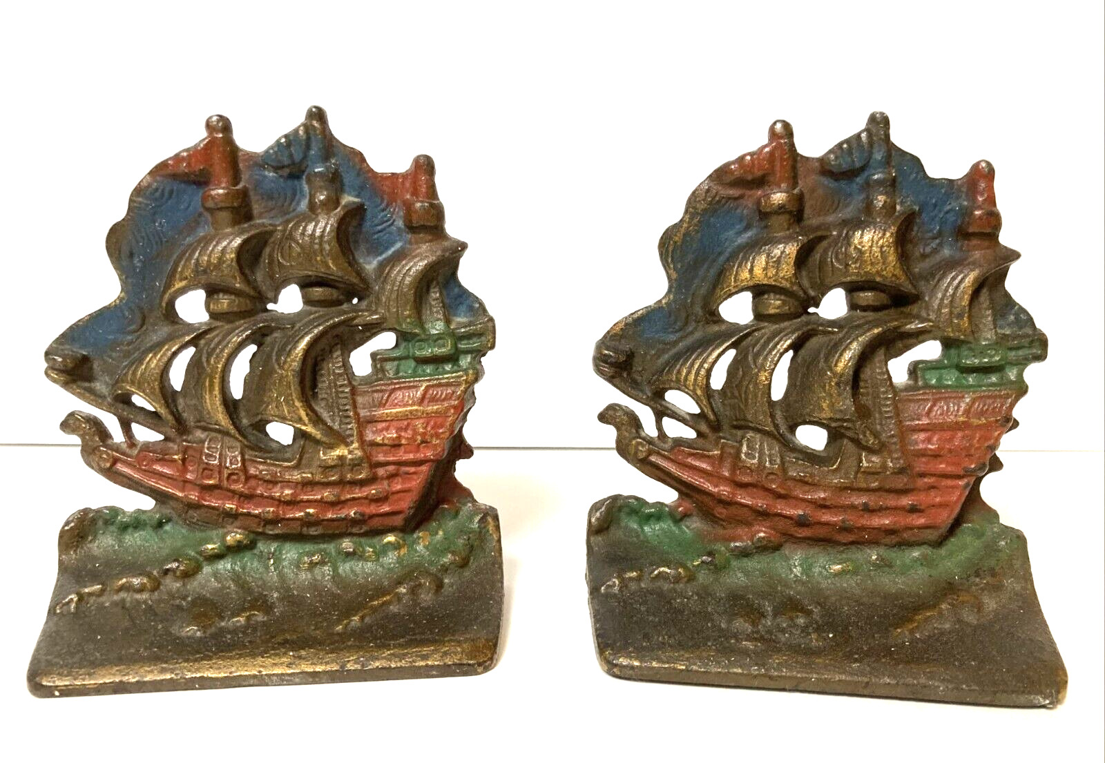 Vintage Painted Cast Iron Sailing Ship Galleon Bookends Doorstops - Muted Colors