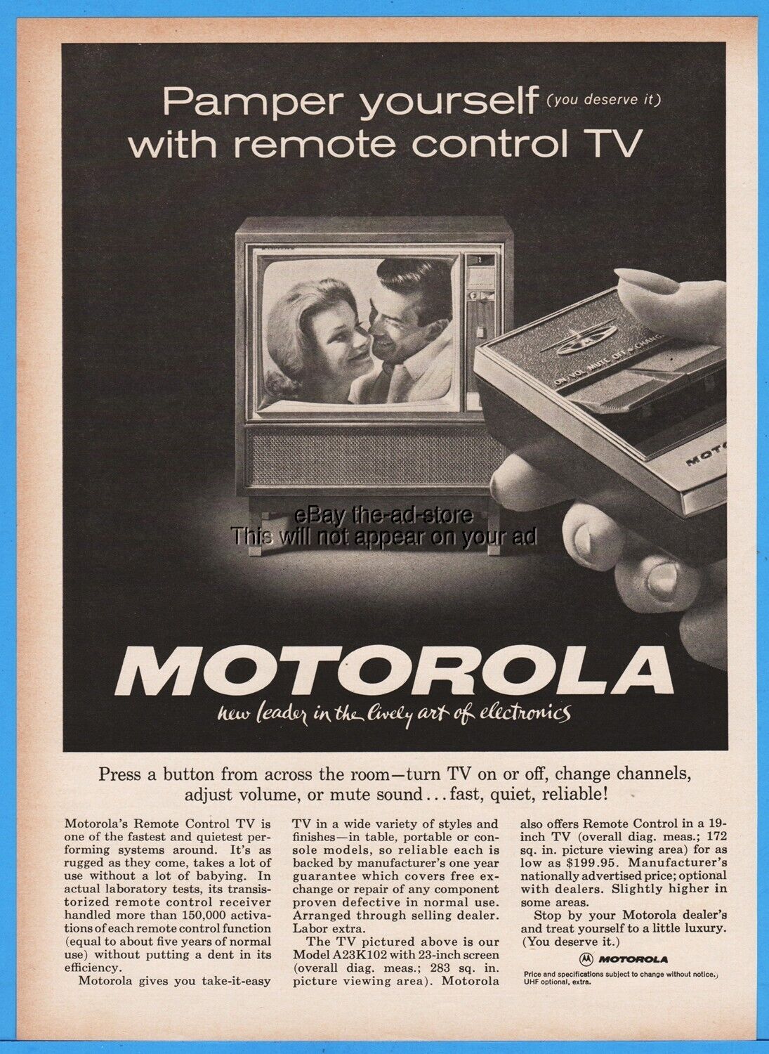 1962 Motorola Model A23K102 Television Remote Control TV Pamper Yourself Ad