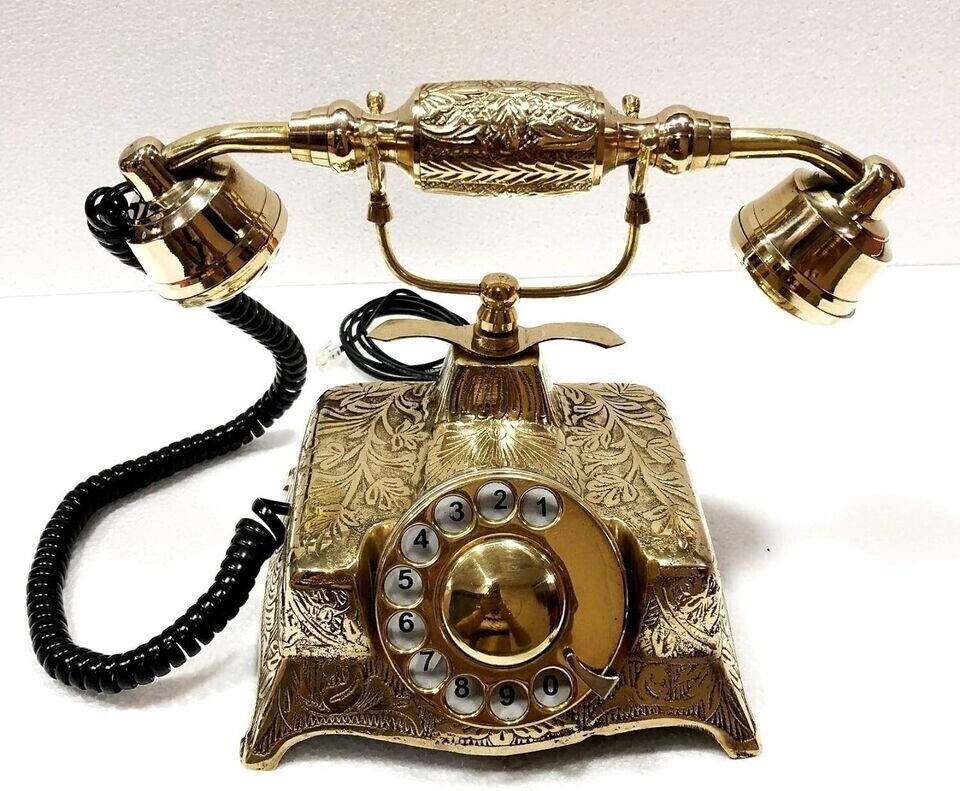 Vintage Solid Beautiful Victorian Brass Rotary Dial Working Office Telephone