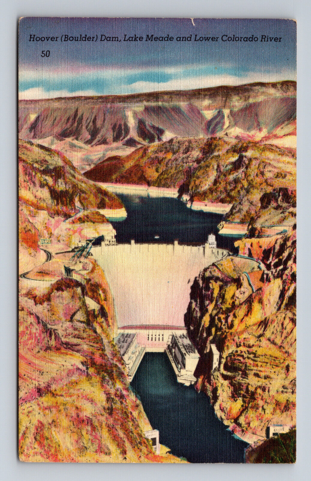 c1954 Linen Postcard Hoover Dam Lake Mead Gates Arizona AZ Posted