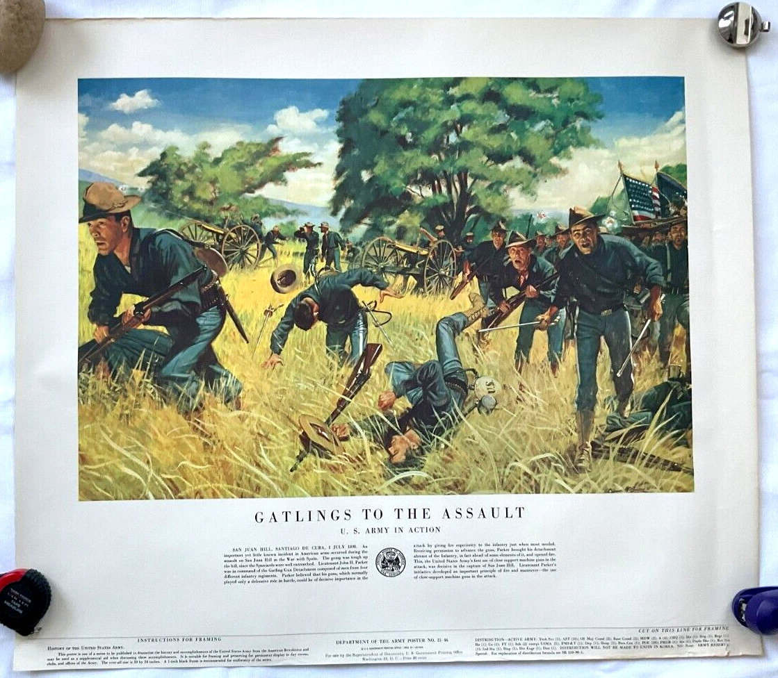 GATLINGS TO THE ASSAULT, US Army VTG Poster, War w/ Spain, NO. 21-46 (1953)