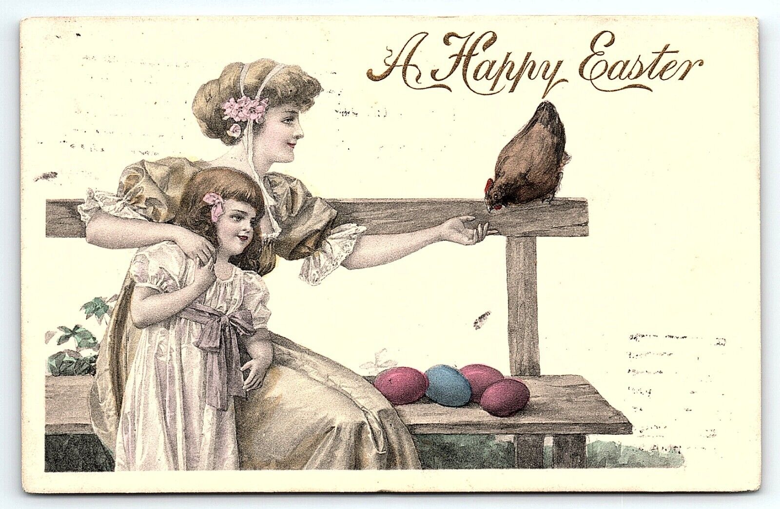 1912 A HAPPY EASTER LADY GIRLS CHICKEN EGGS HAND TINTED POSTCARD P3296