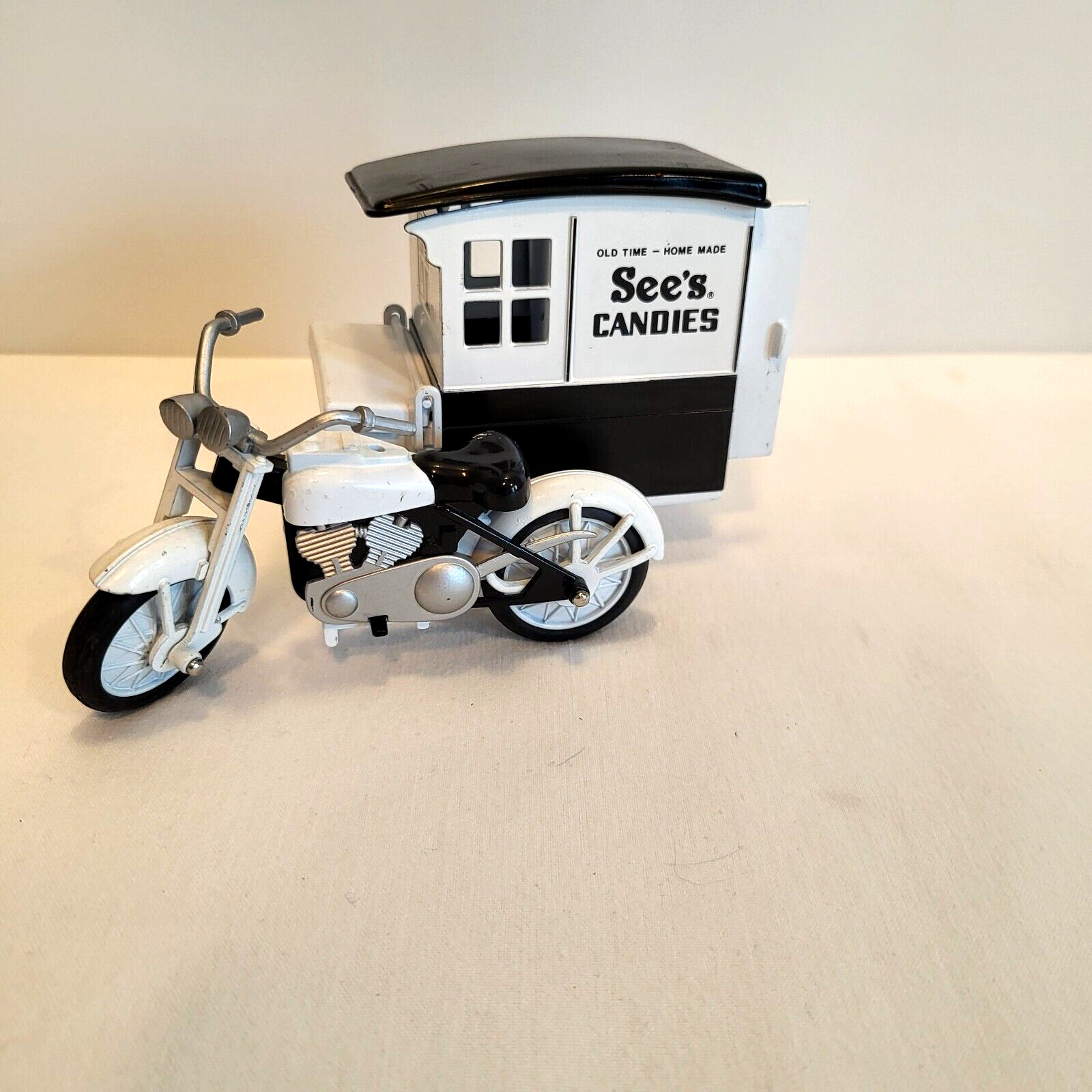 Vintage See\'s Candy Motorcycle Diecast and Delivery Side Cart Wagon Collectible