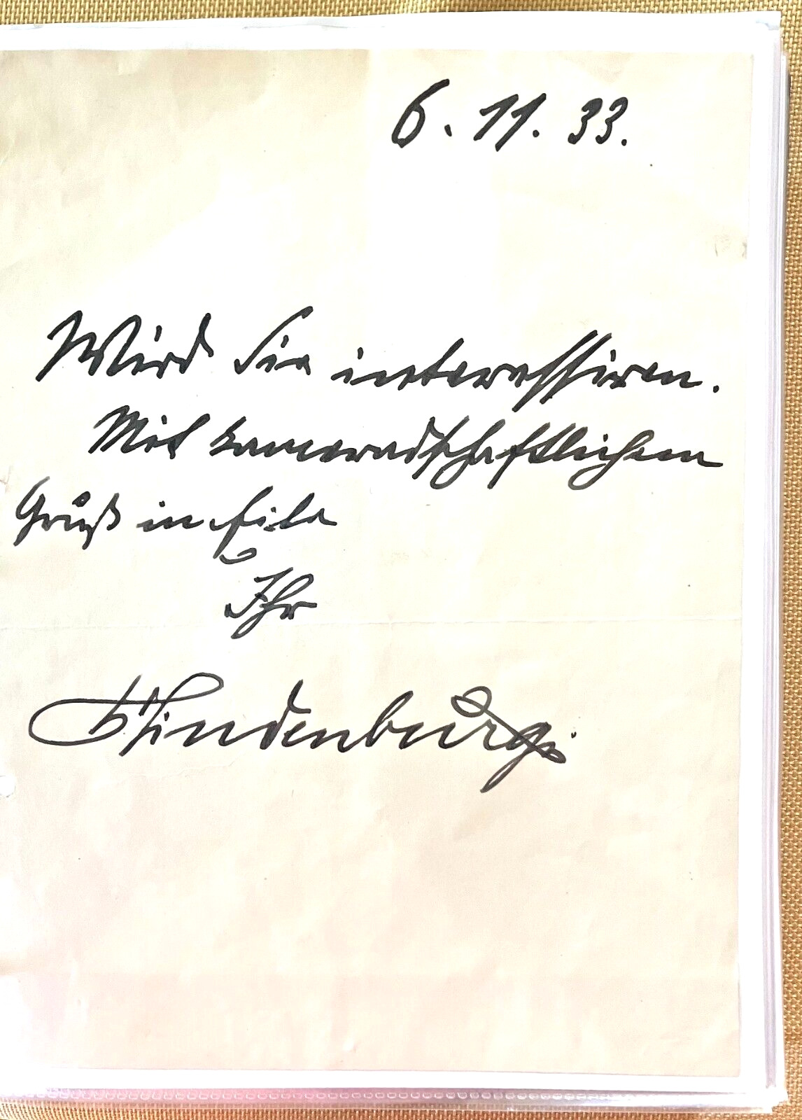 WW1 German General Paul von Hindenburg Autographed Note