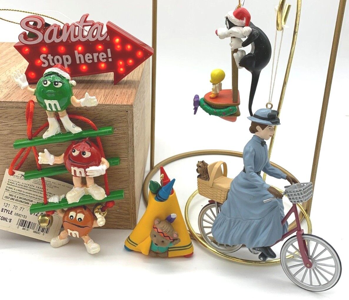 Christmas ornaments PICK- Miss Gulch/Tweety & Sylvester/M&Ms/Crayola/Santa sign