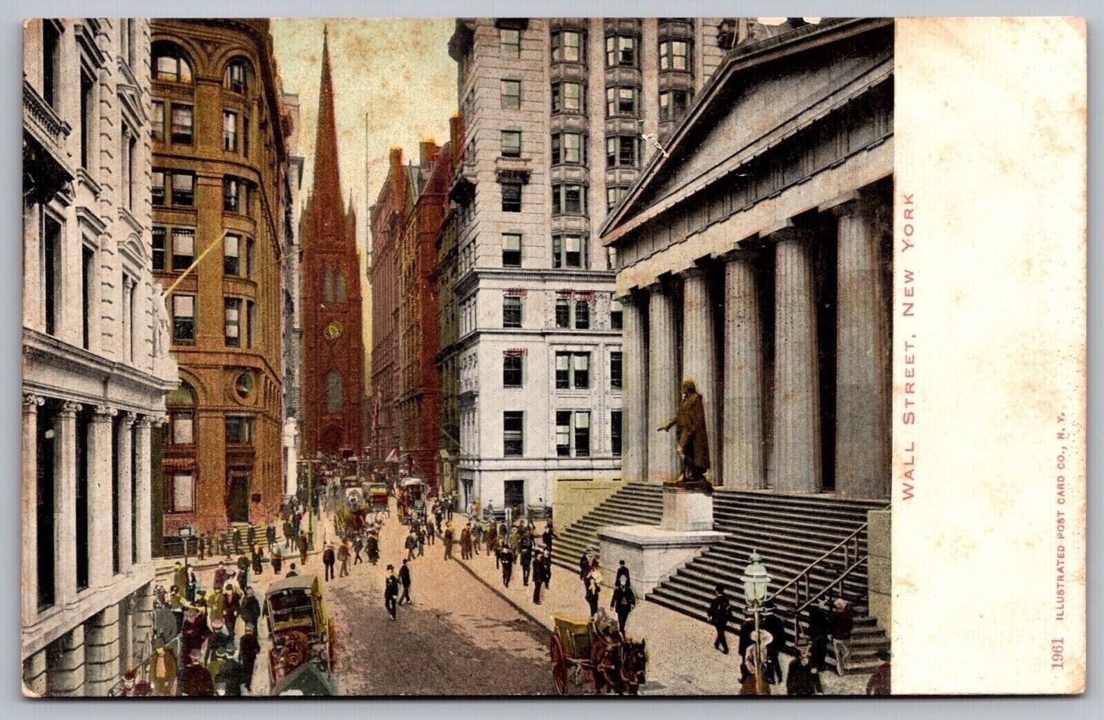 Wall Street New York Birds Eye View Horse Buggy Carriage Statue Tower Postcard