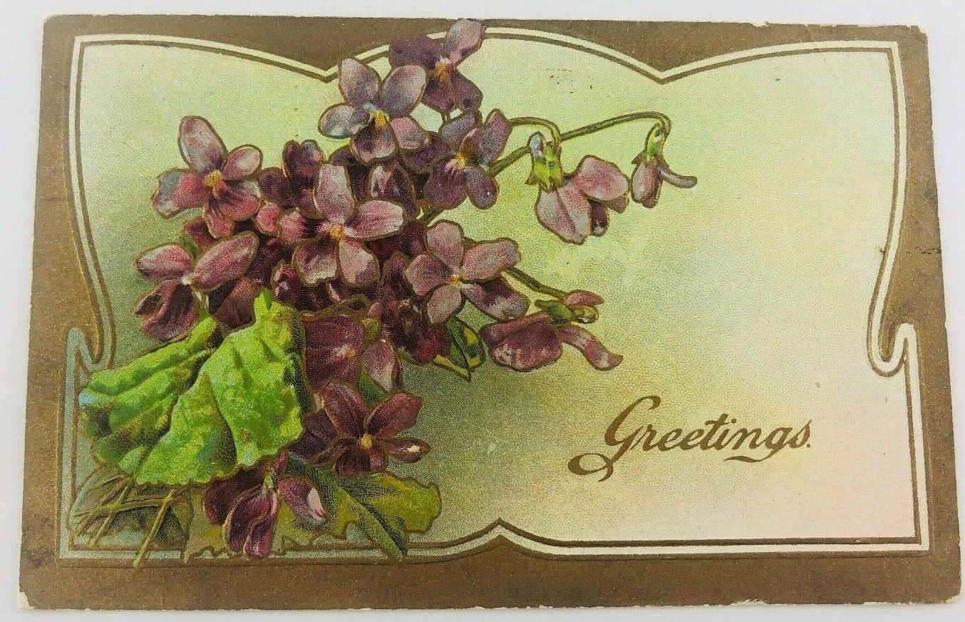 Vintage Postcard Embossed Greetings Gold Frame Purple Flowers 1910