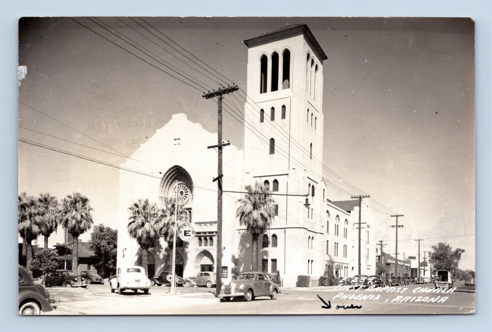 RPPC First Baptist Church & Gas Station in Phoenix Arizona Real Photo Postcard