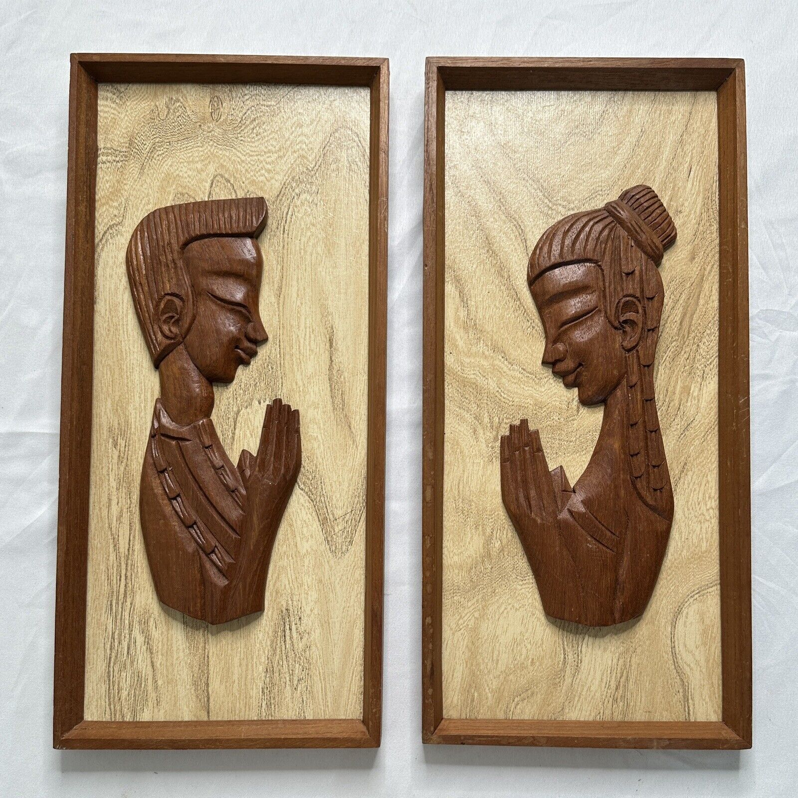 VTG MCM Carved Wood Teak Wall Art Man Woman Praying Silhouette Framed 8” x 18”
