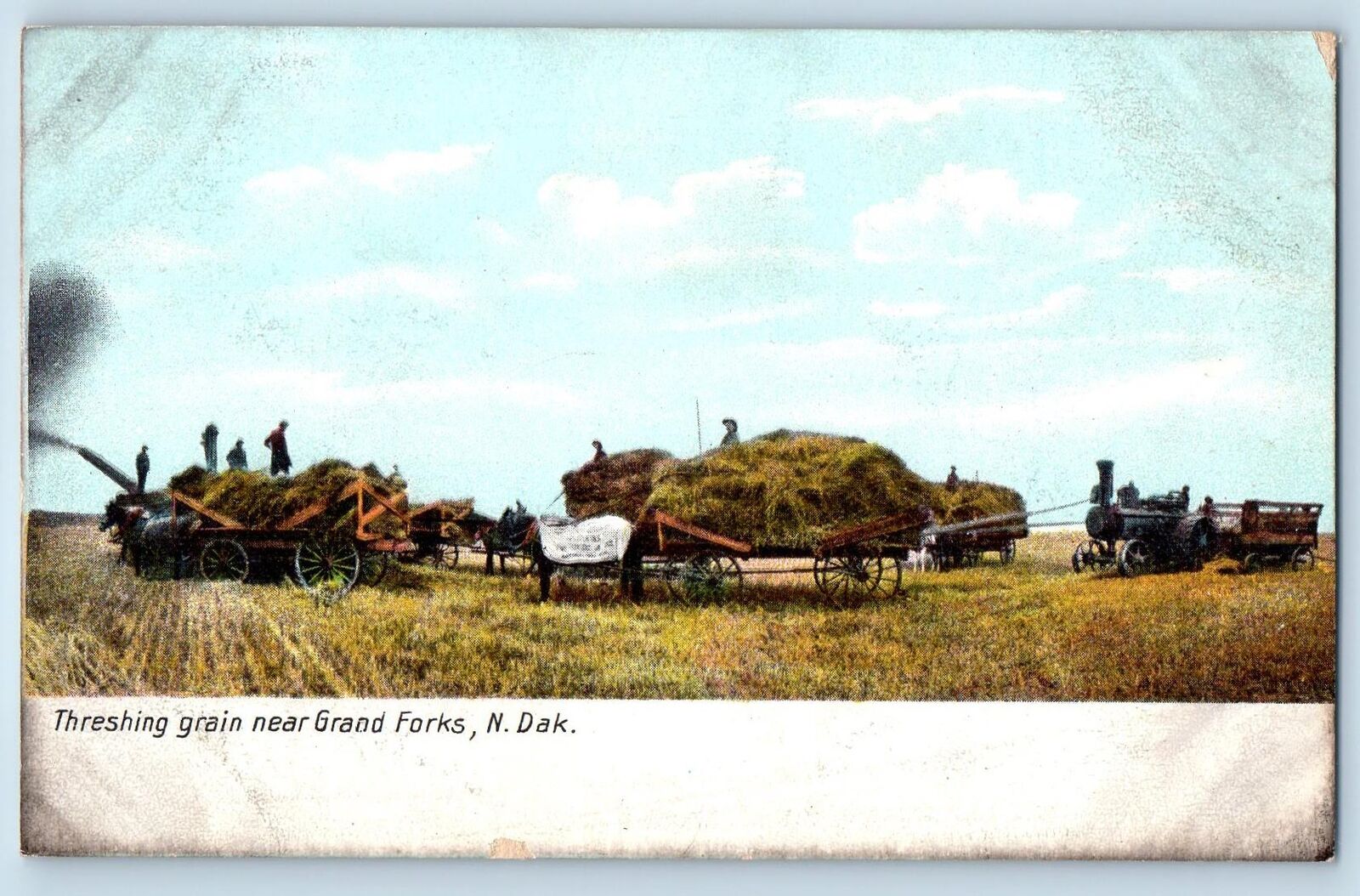 Grand Forks North Dakota ND Postcard Threshing Grain Near Grand Forks c1910\'s