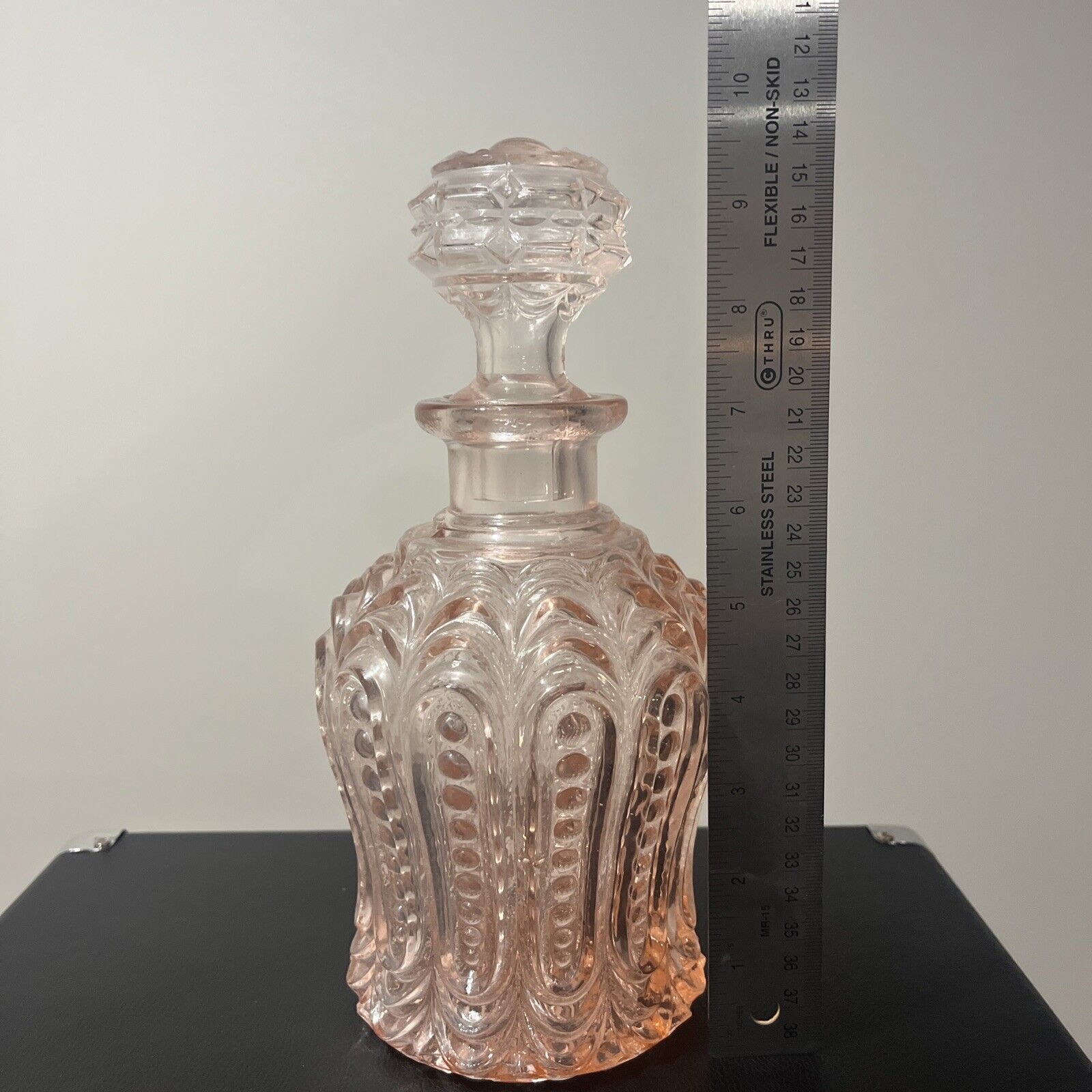 Vintage Pink Decanter Bottle w Stopper Ornate Hobnail Pressed Glass - gorgeous
