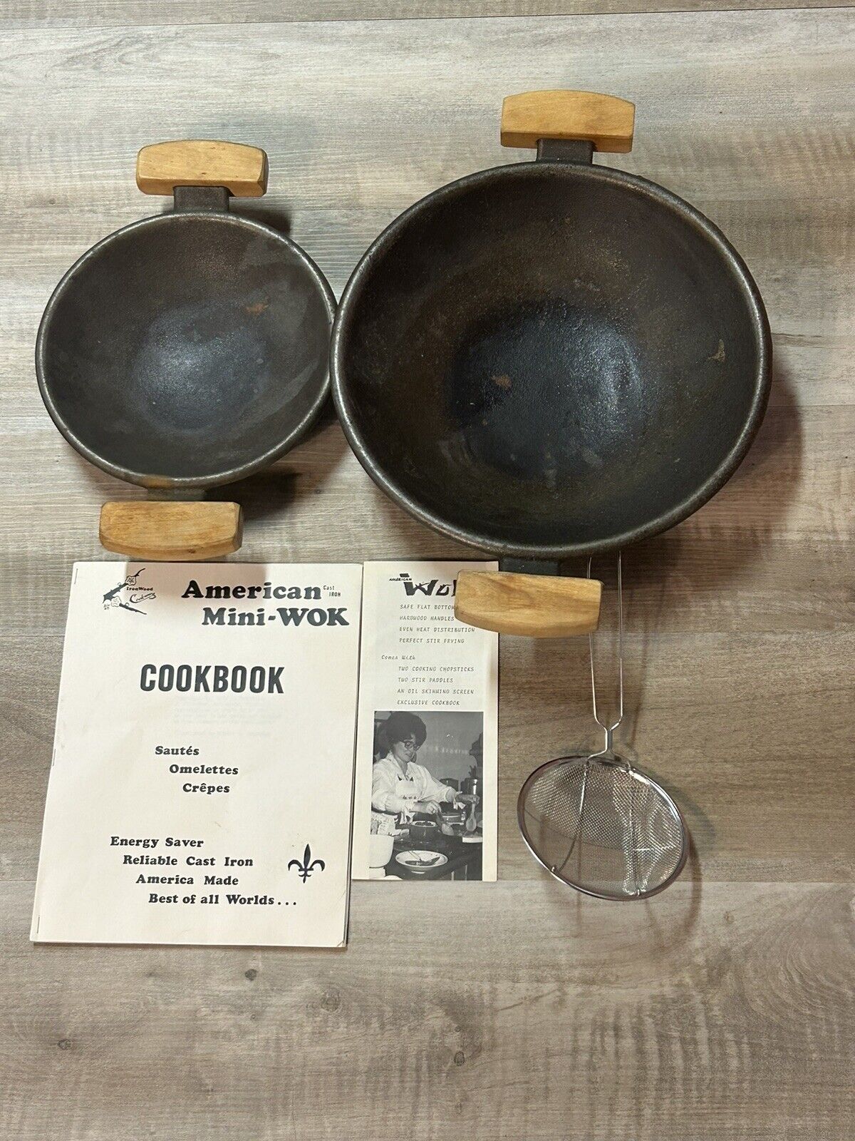 Vintage Cast Iron Wok Set Iron Wood 12”and 9”Diameter with Wooden Handles 1980s