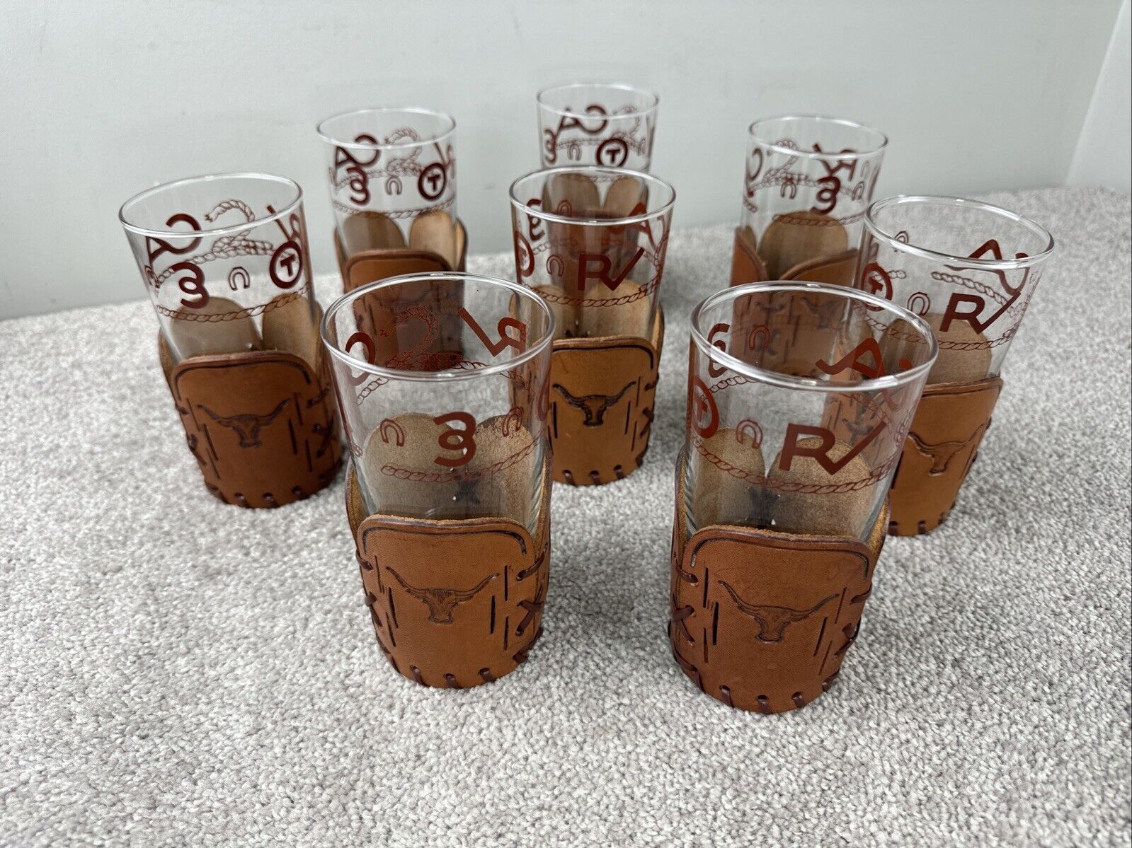 Vintage 8 Libbey BAMCO Longhorn Western Drinking Glasses Tooled Leather Sleeves