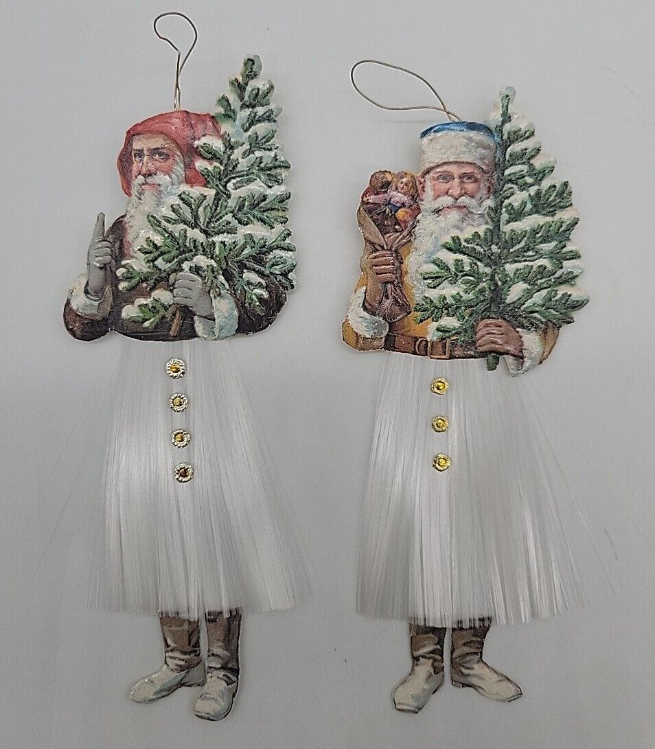 Two Vintage Spun Glass & Cardboard Santa Ornaments