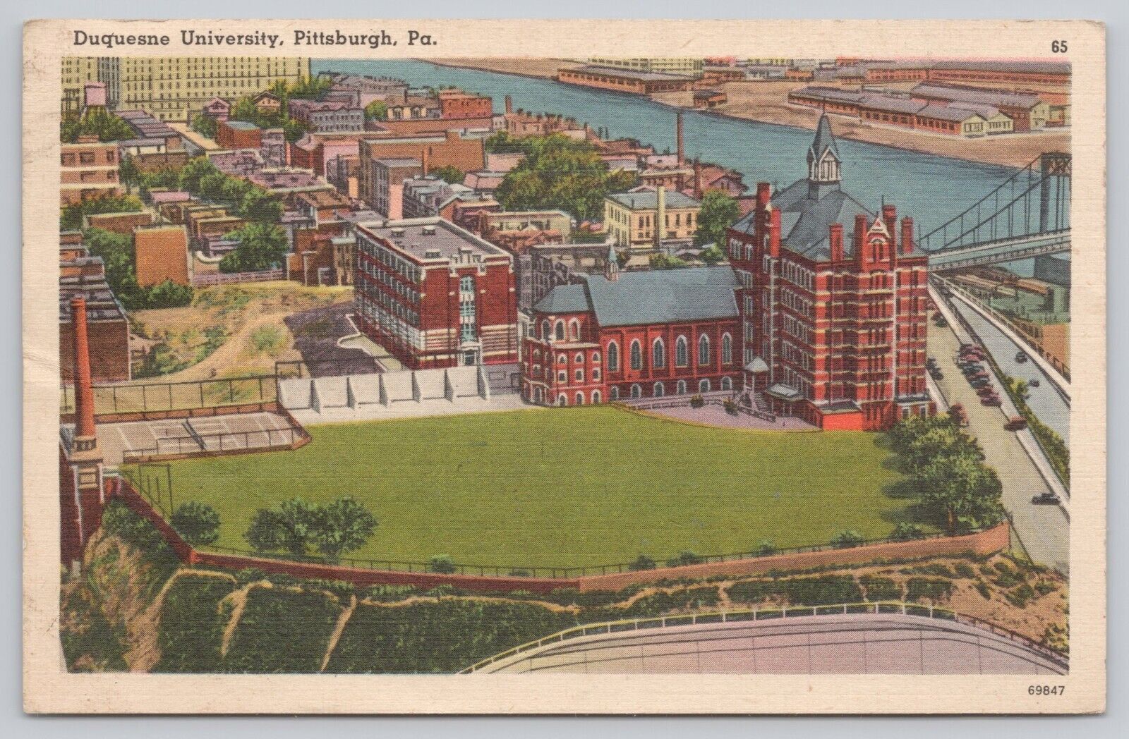 Duquesne University School Aerial View Pittsburgh Pennsylvania Linen Postcard