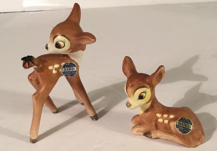 2 Vintage Disney Bambi Figurines Made By Goebel West Germany, Bambi With Fly