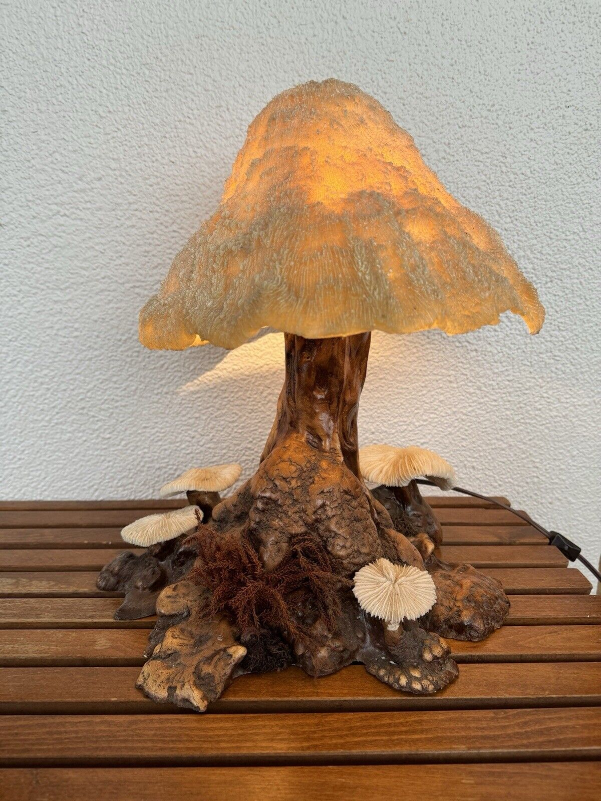 Vintage Mushroom Lamp Burl Wood Base Coral Shade Retro 1970s Magic Mushroom MCM
