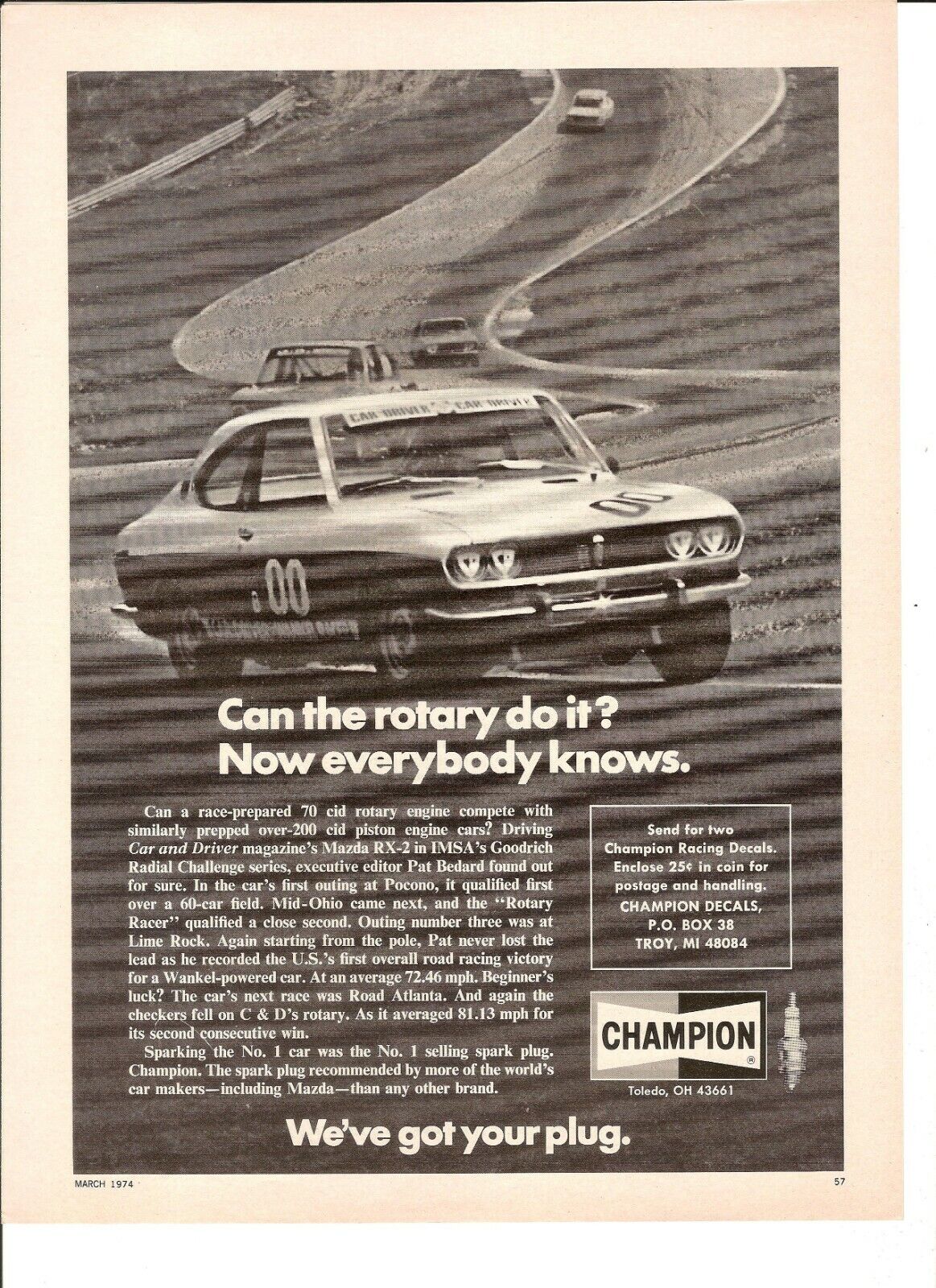 1974 Champion Spark Plugs Vintage Magazine Ad  Mazda Rotary Engine  