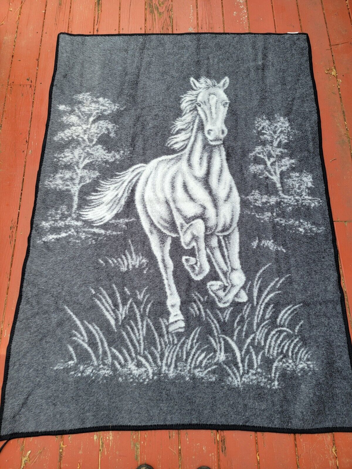Vintage Biederlack Blanket Bronco Horse Run Reversible 55” x 78”  Black Gray Whi