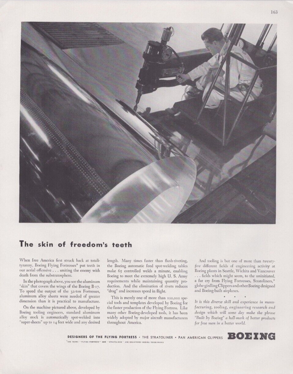 1943 Print Ad Boeing Designers of Flying Fortress The Skin of Freedom\'s Teeth