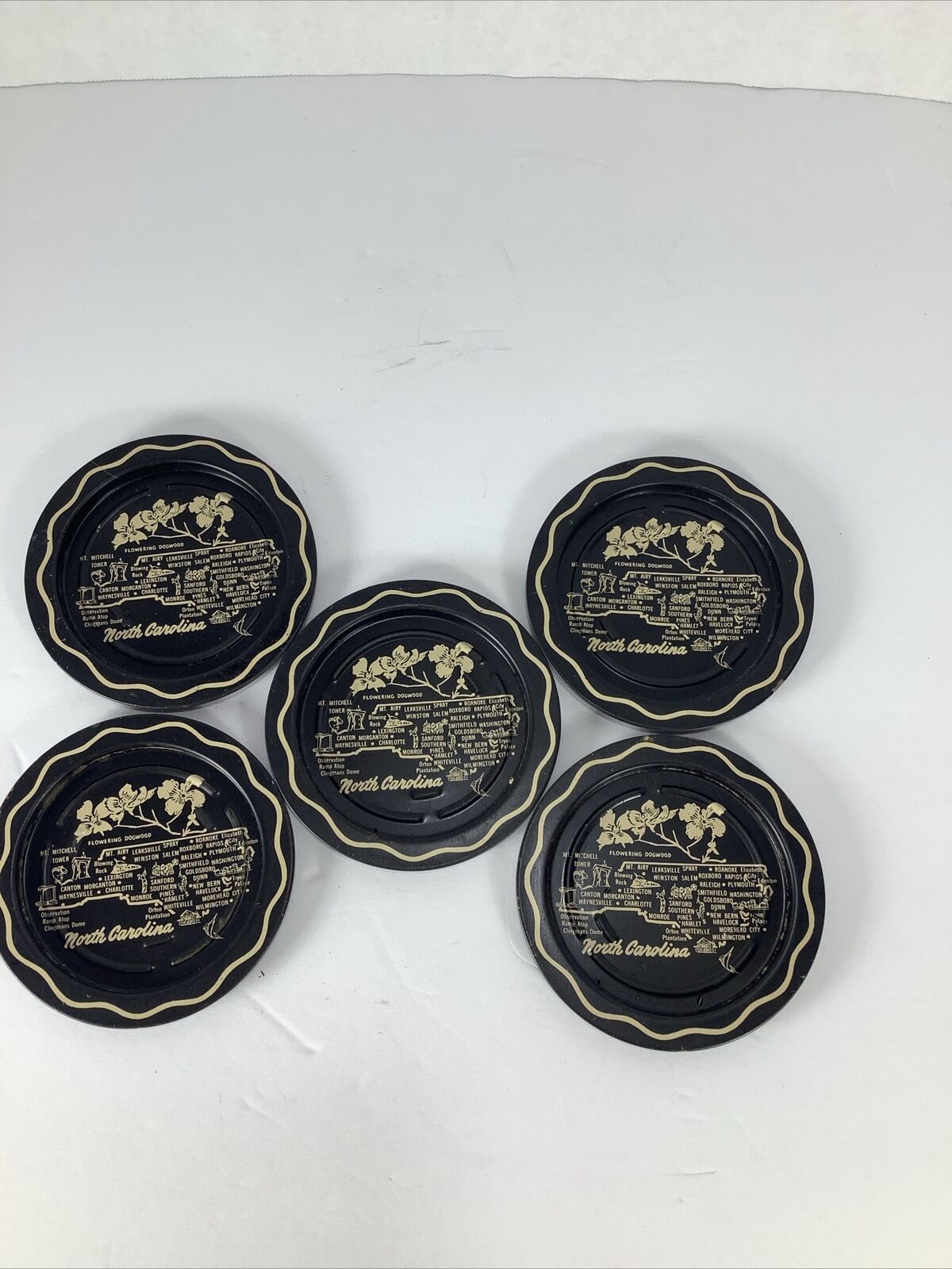 5-Vintage North Carolina Souvenir Round Tin Coasters~Gold & Black 3.5\