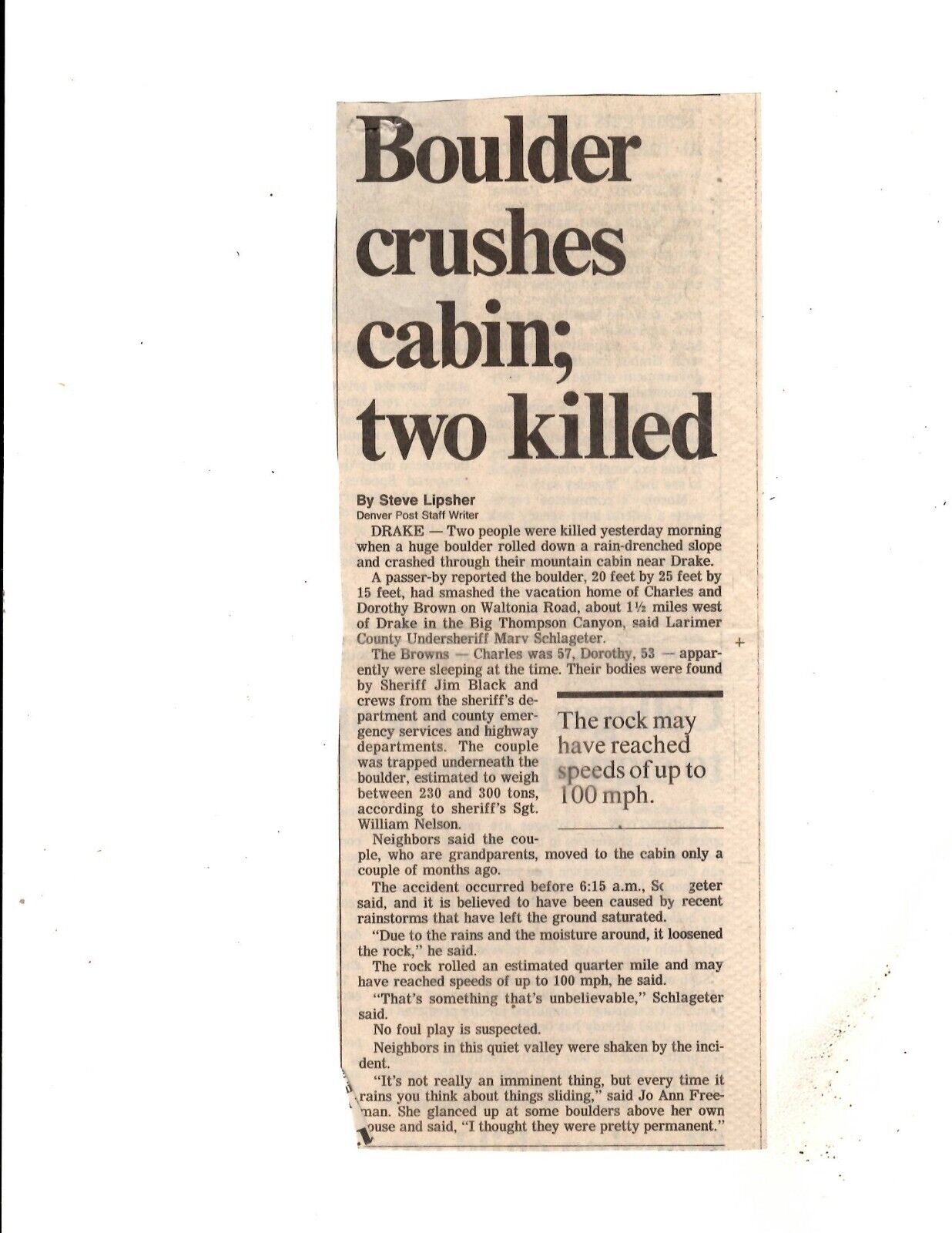 1990 Drake Colorado Newspaper Clippings Letter Boulder Crushes Cabin Two Killed