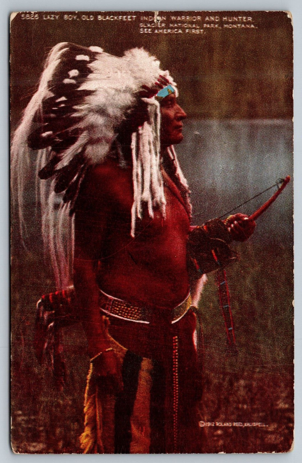 Native American Indian Wblackfeet Warrior Hunter Lazy Boy c1910 Postcard