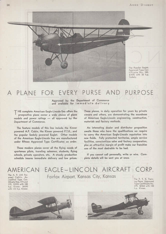 A Plane for every Purse & Purpose - American Eagle-Lincoln Monoplane ad 1931