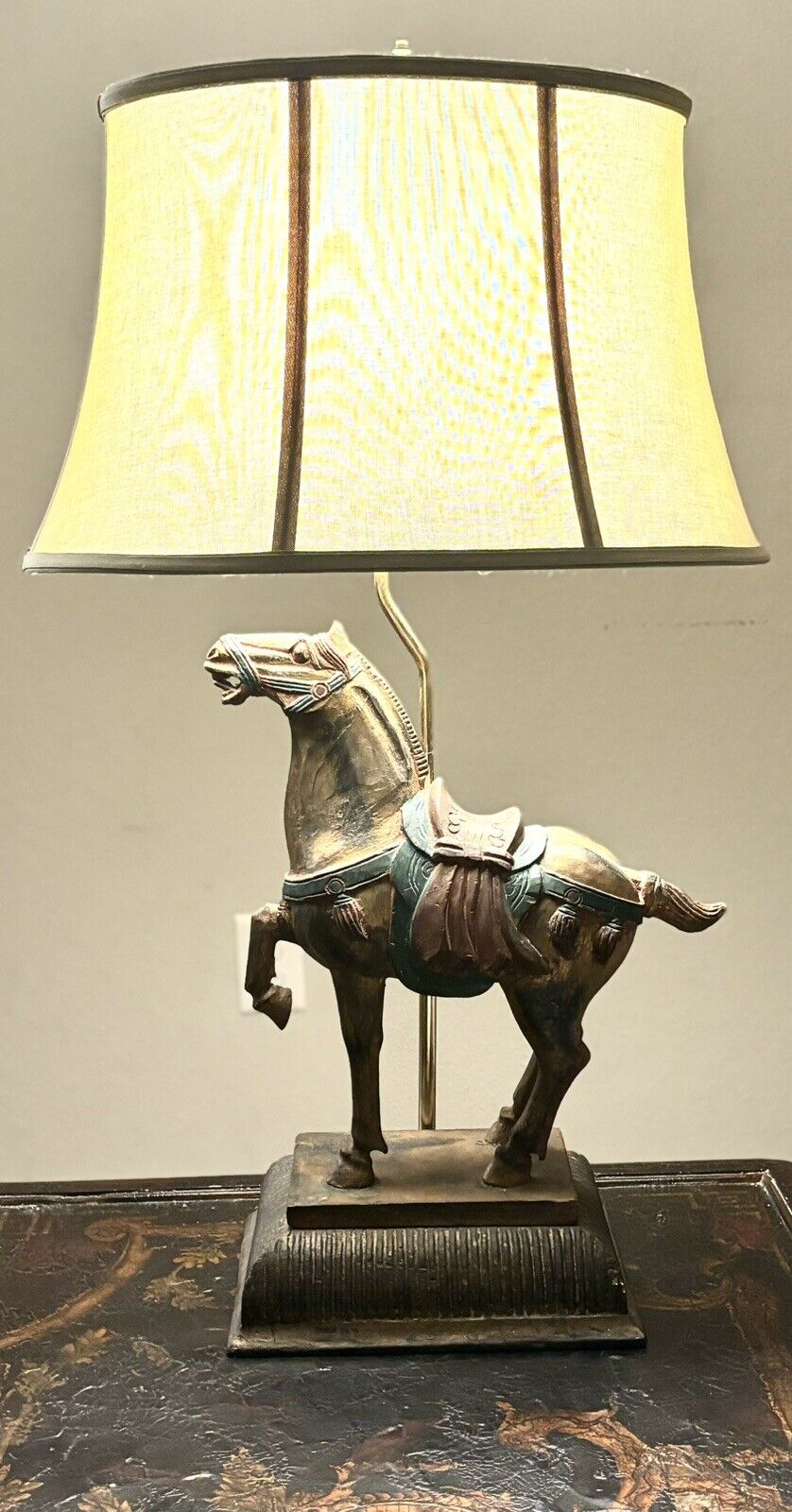 Wooden Tang War Horse Hand-Carved Accent Lamp Original Vintage - BEAUTIFUL