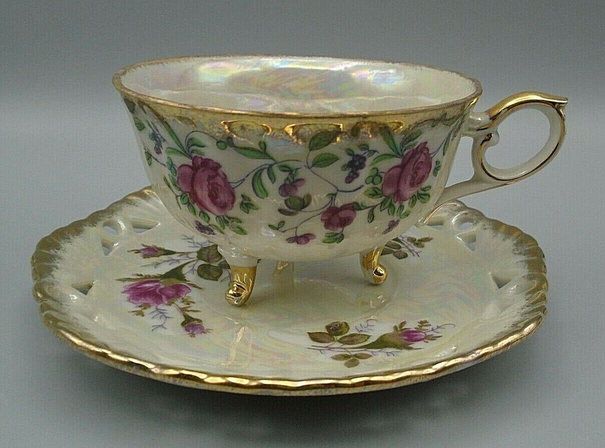 Vintage Pearlized Footed Teacup & Saucer Pink Roses Purple Flowers Gold Trim