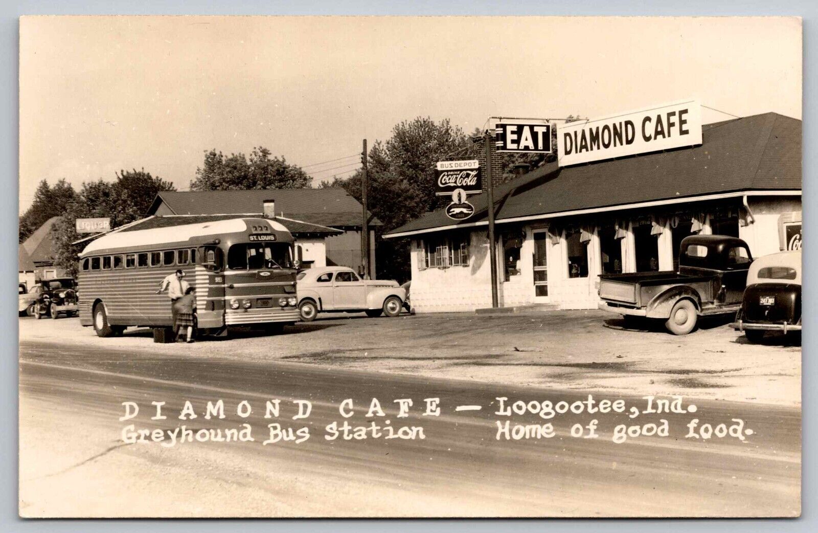 Postcard RPPC Diamond Cafe Greyhound Bus Station Coca Cola Loogootee Indiana