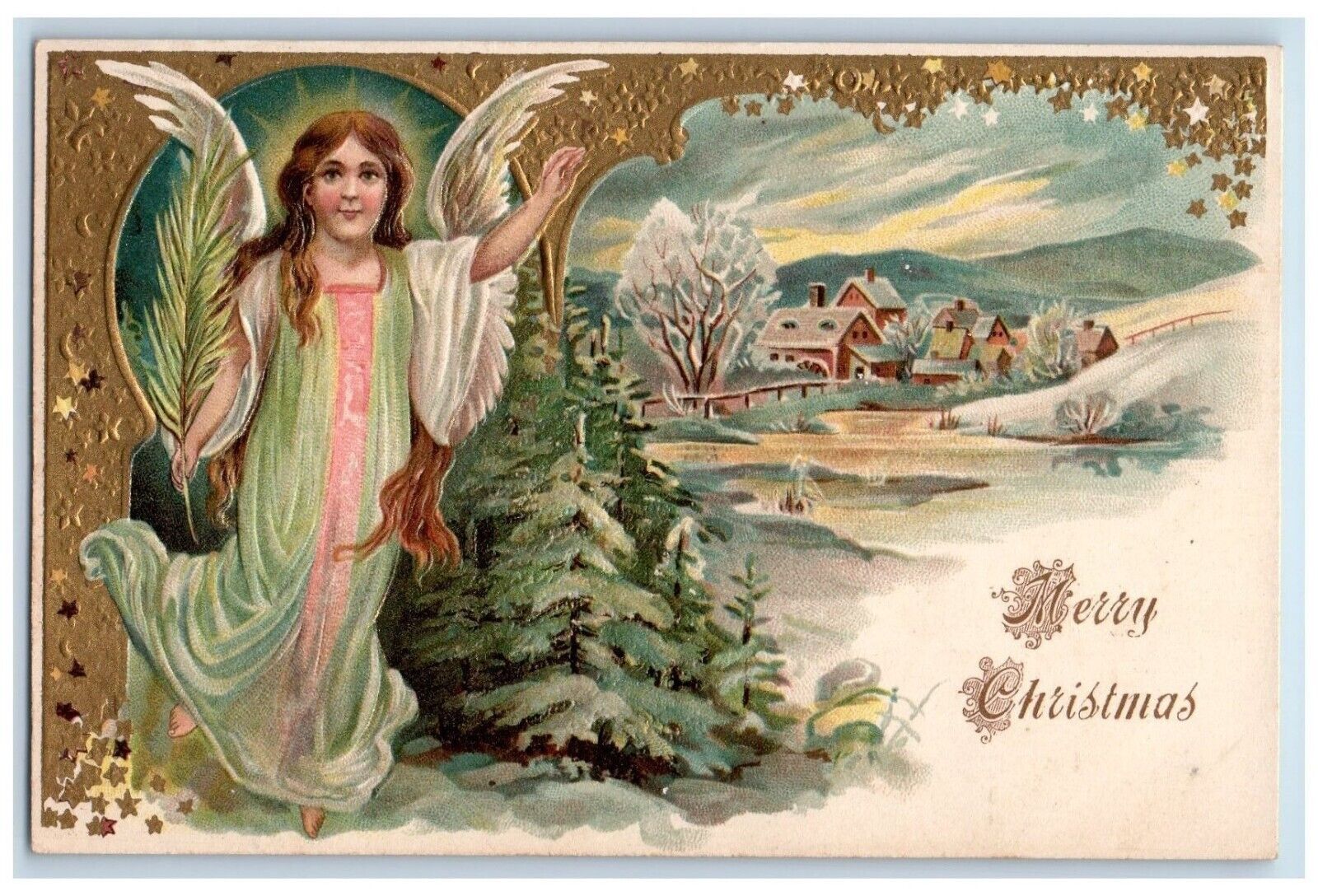 c1905 Merry Christmas Angel Pine Trees House Winter Embossed Antique Postcard