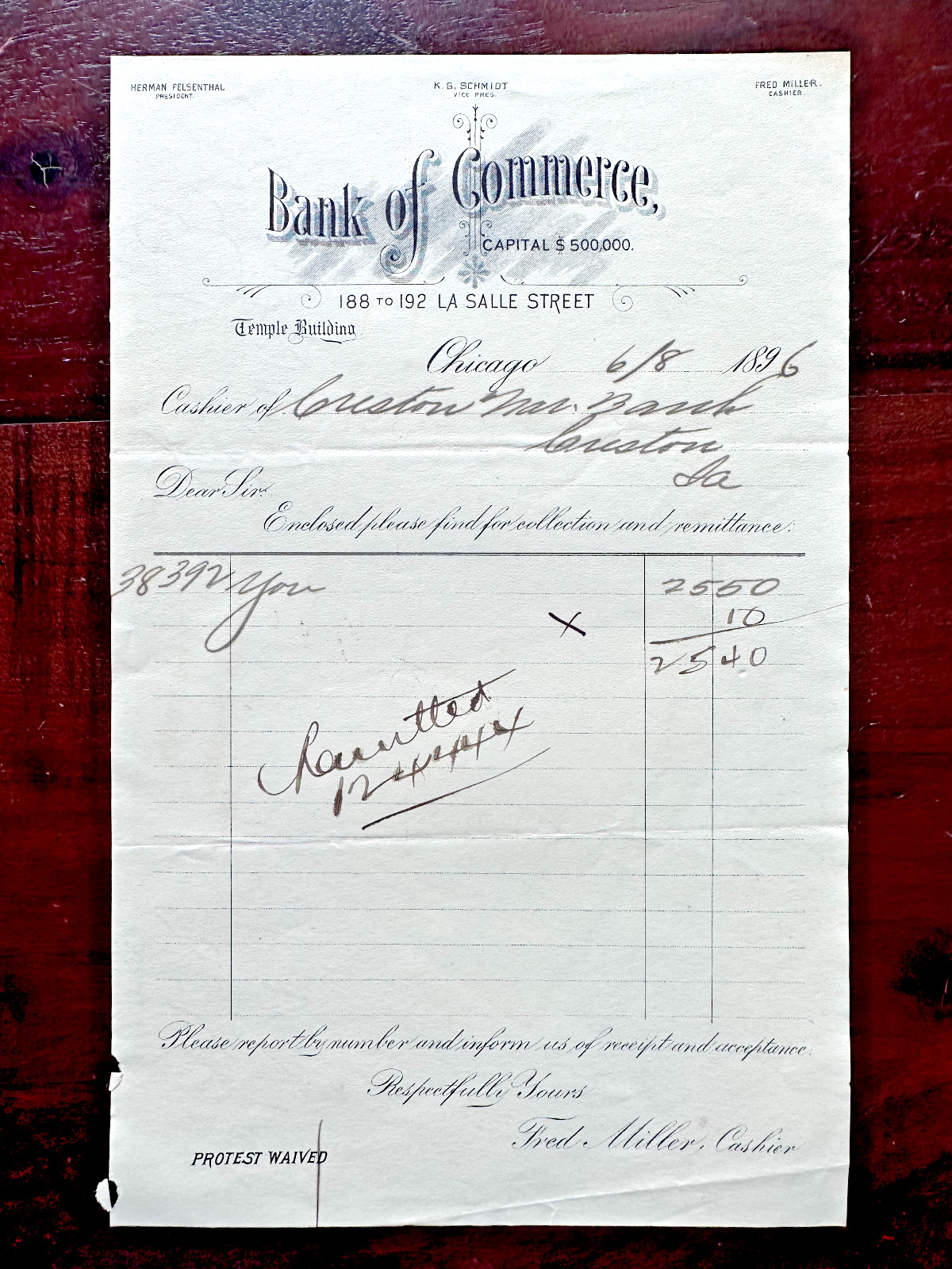 ANTIQUE 1896 CHICAGO, IL BANK OF COMMERCE RECEIPT $25.40 BANK DRAFT? - FP45
