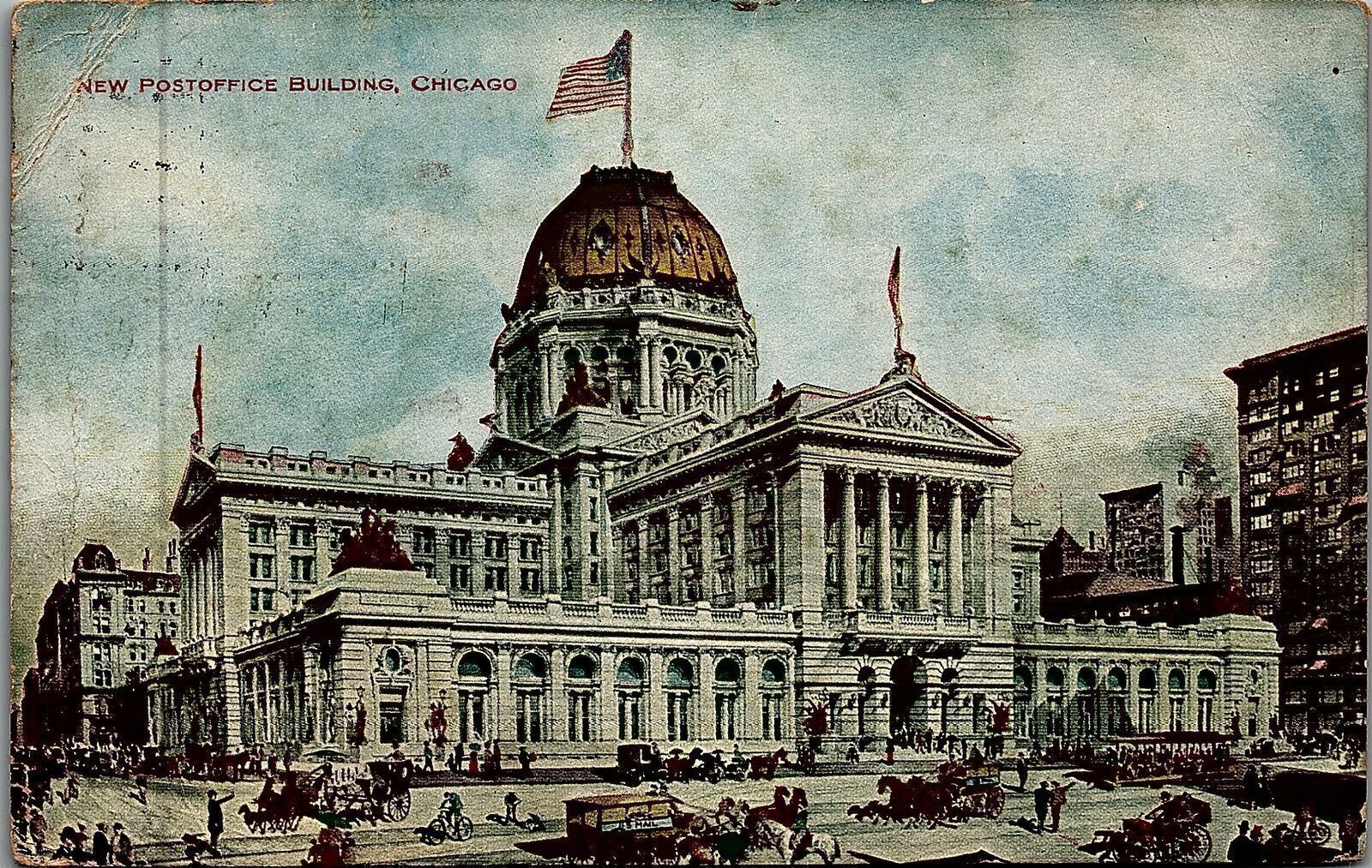 1909 CHICAGO NEW POSTOFFICE BUILDING HORSE DRAWN CARRIAGES POSTCARD 25-139
